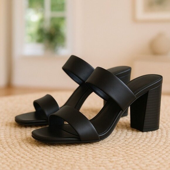 Michael Kors Glenda Black Leather Block Heel Slide Sandals Size 8 - Picture 1 of 12